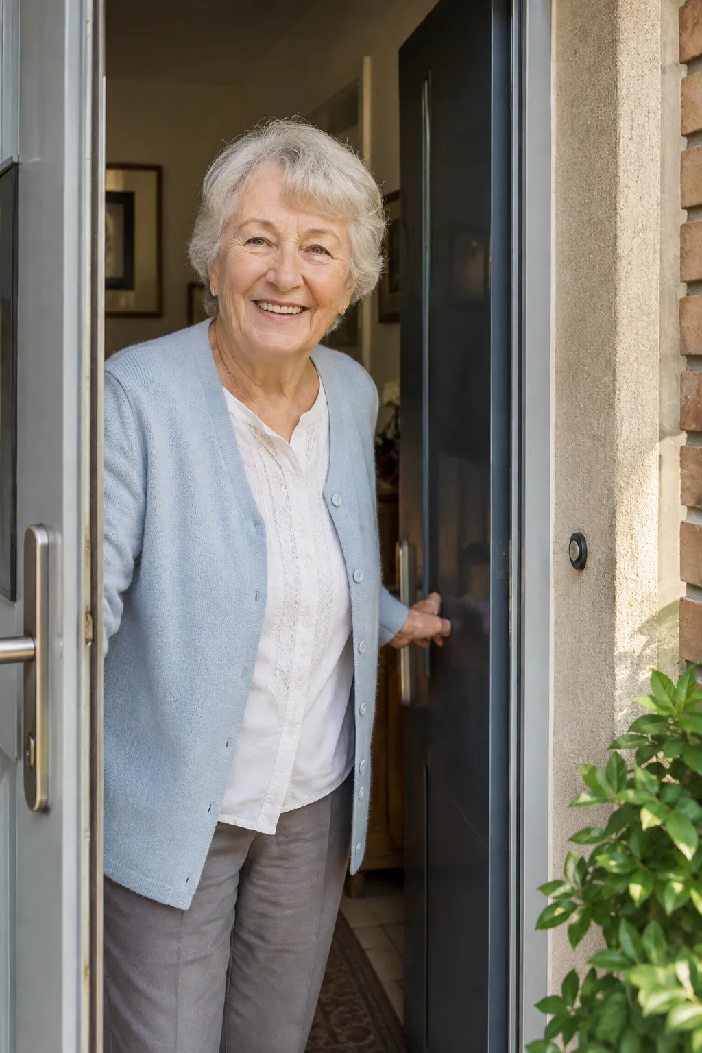 Seniorin öffnet lächelnd die Tür ihres eigenen Hauses