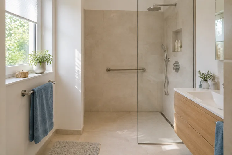 Bodengleiche Dusche mit Haltegriff und rutschfestem Boden