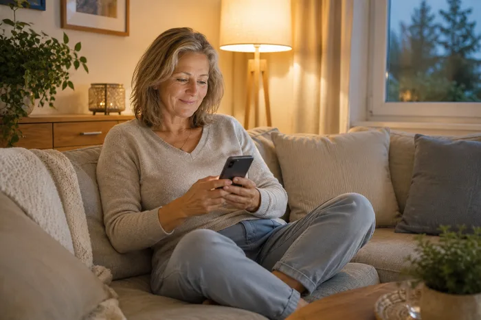 Frau um die 50 sitzt abends mit dem Smartphone auf dem Sofa