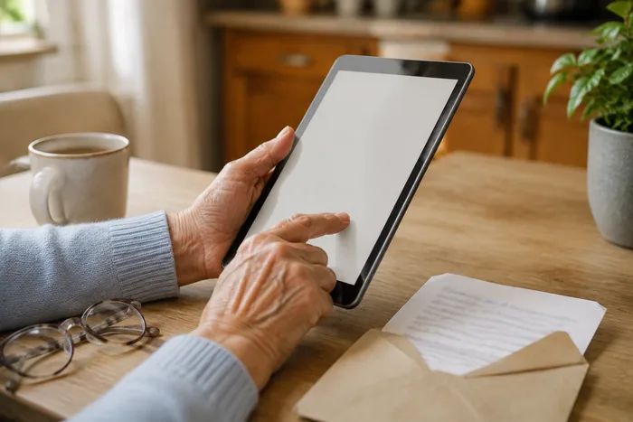 Ältere Hände halten ein Tablet am Küchentisch, daneben ein geöffneter Brief