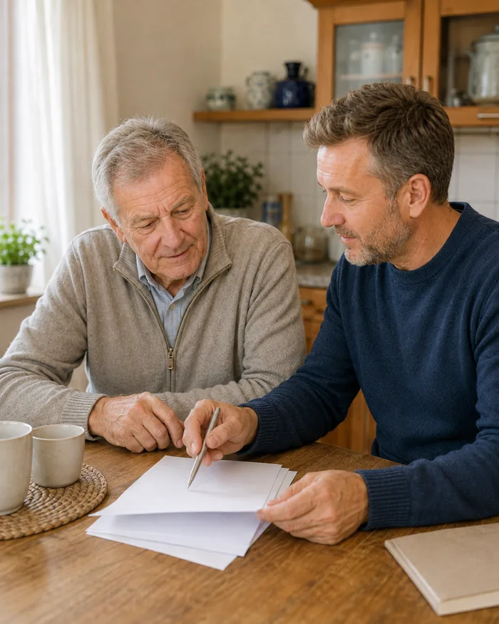 Vater und erwachsener Sohn gehen gemeinsam Unterlagen am Küchentisch durch